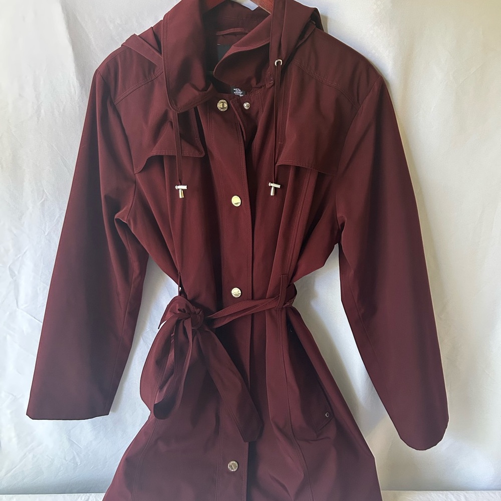 London Fog Hooded Trench Coat in Burgundy